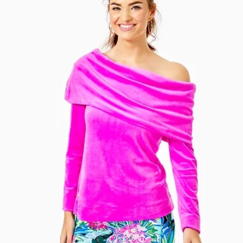 Lilly Pulitzer BELINDA OFF-THE-SHOULDER VELOUR SWEATSHIRT IN ELDERBERRY XS